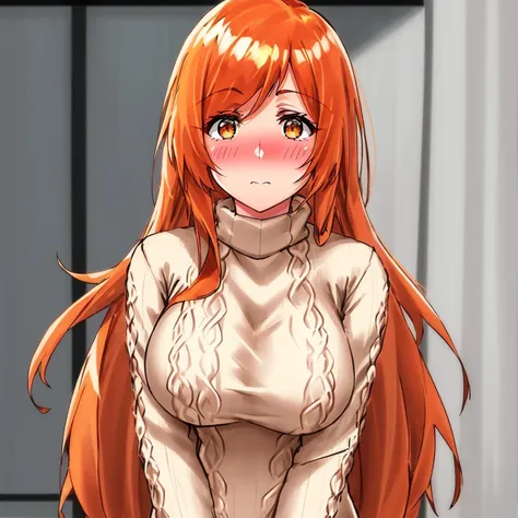 best quality, 1girl, embarrassed, blush, aran sweater, vslinx_orihime_inoue