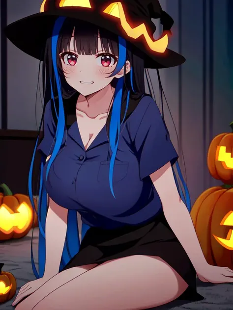masterpiece, perfect lighting, (beautiful, best quality:1.3), perfect eyes, absurdres, 8k,
1girl, solo, (absurdres), finely detail, , evil smile,
<lora:Mini Yaemori V1:0.85>, mini_yaemori, long hair, red eyes, black hair, multicolored hair, blue hair,
BREAK, blush, bangs, skirt, large breasts, shirt, black hair, (blue hair:0.8), collarbone, short sleeves, (multicolored hair:0.8), streaked hair, solo focus,(straddling), thighs, volumetric lighting, assertive girl, thick thighs,(tall girl), upright angle,
BREAK, (((Wide-brimmed Wizard hat))),(((large pumpkin behind her))),