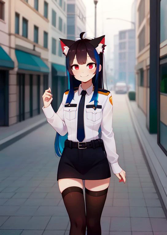 (masterpiece, best quality:1.2), extremely detailed, soft ambient lighting, sharp focus, 4K, BREAK <lora:Mini Yaemori V1:0.8>, mini yaemori, officer outfit, mini skirt, cat ears, cat paws, long black hair and blue hair, red eyes, smile, BREAK outdoors, public, street, standing, BREAK