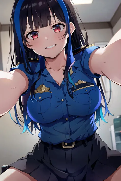 masterpiece, perfect lighting, (beautiful, best quality:1.3), perfect eyes, absurdres, 8k,
1girl, solo, (absurdres), finely detail, , evil smile, 
<lora:Mini Yaemori V1:0.75>, mini_yaemori, long hair, (red eyes:1.2), [black hair: blue eyes, :0.4],  multicolored hair, blue hair, 
blush, bangs, skirt, large breasts, shirt, collarbone, short sleeves, (multicolored hair:0.8), streaked hair, blue shirt, police, police uniform, policewoman,
 girl on top, pov, solo focus,(straddling), thighs, (outstretched arms), volumetric lighting,  assertive girl, thick thighs,(tall girl), upright angle, <lora:POV_KISS:0.6>