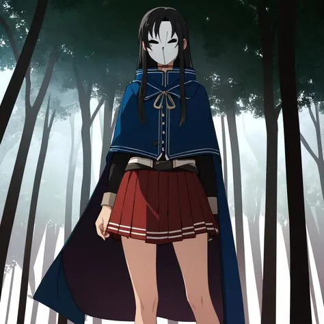 ((masterpiece)), (best quality), highres, ultra-detailed,
<lora:Nanahoshi:0.9>
nanahoshi, 1girl, solo, black hair, long hair, white mask, looking at viewer
cape, pleated skirt, red skirt, skirt,
standing,
forest, night, simple background