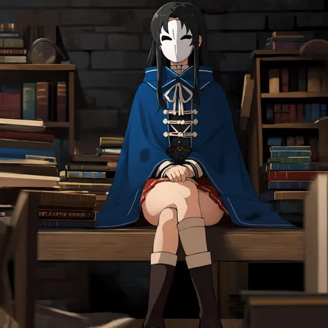 ((masterpiece)), (best quality), highres, ultra-detailed,
<lora:Nanahoshi:0.9>
nanahoshi, 1girl, black hair, bookshelf, brick wall, cape, depth of field, library, long hair, pleated skirt, red skirt, sitting, skirt, solo, white legwear, white mask