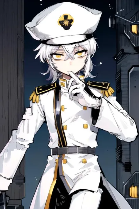 solo, 1boy, straight hair, hair between eyes, disdain, white hair, short shaggy hair, white clothes, (white military uniform:1.2), yellow eyes, (white military hat:1.1), science fiction, karasu_chan, <lora:karasu_chan:1>