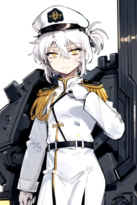 solo, 1boy, straight hair, hair between eyes, disdain, white hair, short shaggy hair, white clothes, (white military uniform:1.2), yellow eyes, (white military hat:1.1), science fiction, karasu_chan, <lora:karasu_chan:1>