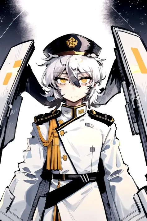 solo, 1boy, straight hair, hair between eyes, disdain, white hair, short shaggy hair, white clothes, (white military uniform:1.2), yellow eyes, (white military hat:1.1), science fiction, karasu_chan, <lora:karasu_chan:1>