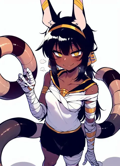 masterpiece, <lora:karasu_chan-49:1>, karasu_chan,
1girl,long hair, looking at viewer, blush, smile,brown hair, white background, animal ears, closed mouth, standing, collarbone, tail, yellow eyes, sweat, dark skin, dark-skinned female, hand on hip, bandages, bandaged leg, egyptian clothes, skirt
