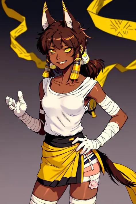 masterpiece, <lora:karasu_chan-49:0.6>, karasu_chan, 1girl,long hair, looking at viewer, blush, smile,brown hair, white background, animal ears, closed mouth, standing, collarbone, tail, yellow eyes, sweat, dark skin, dark-skinned female, hand on hip, bandages, bandaged leg, egyptian clothes, skirt