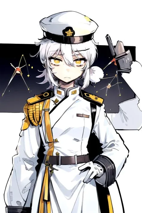 solo, 1boy, straight hair, hair between eyes, disdain, white hair, short shaggy hair, white clothes, (white military uniform:1.2), yellow eyes, (white military hat:1.1), science fiction, karasu_chan, <lora:karasu_chan:1>