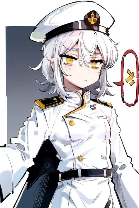 solo, 1boy, straight hair, hair between eyes, disdain, white hair, short shaggy hair, white clothes, (white military uniform:1.2), yellow eyes, (white military hat:1.1), science fiction, karasu_chan, <lora:karasu_chan:1>