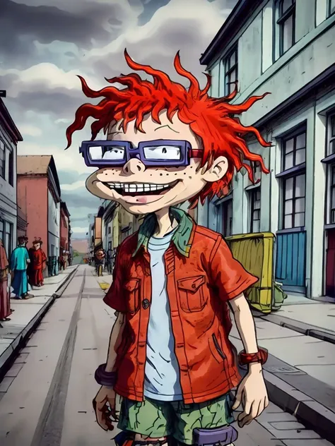 <lora:Rugrats+AGU-22:0.76> 1boy, solo, boy, messy red hair, glasses, freckles, smiling, in the street, full body shot,