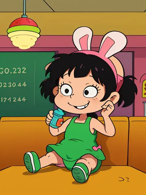 <lora:Rugrats+AGU-22:0.4> 1girl, solo, ddler 3yoirl, smiling, in a hamburger fast food restaurant, diaper, baby bottle,
pink big bunny ears whooly hat totally covering her hair and her head,
light green sleeveless short dress, green shoes, black hair, bald,