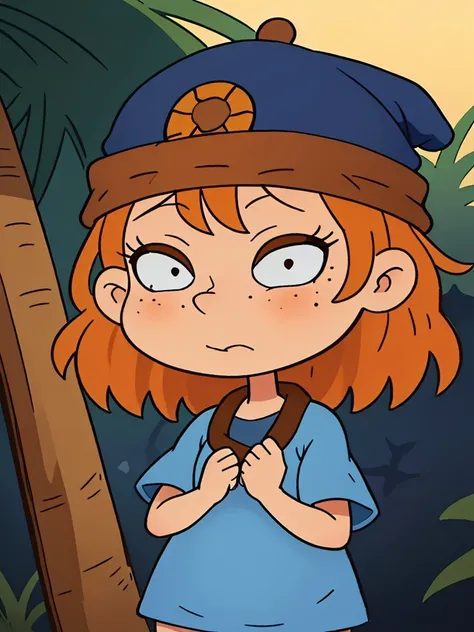 <lora:Rugrats+AGU-22:0.53>
1girl, solo, yo skinny girl, ginger hair, a beanie hat, freckles, dark blue shirt, large eyes, light brown eyes, blush, blushing, on a pirate island, tropical island,