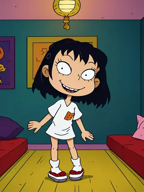 <lora:Rugrats+AGU-22:0.76> 1girl, solo, up 11yo inny japanese girl, black hair, white skin, smiling, beautiful eyes, in girl bedroom, full body shot,