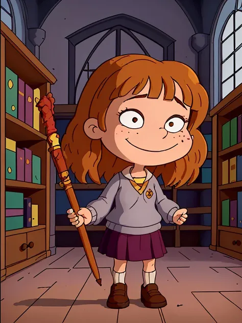 <lora:Rugrats+AGU-22:0.51>
young 12yo Emma Watson Hermione, hair bangs covering her forehead, freckles, blush, blushing, beautiful face, smiling,
white shirt under a grey pullover, brown tie, Hogwarts Hermione costume, grey skirt, black shoes,
in the library in Harry Potter castle,
magic, magic wand, magic spell,