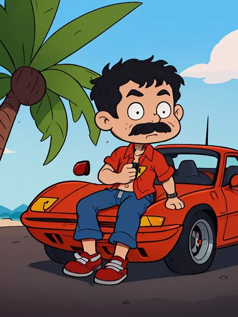 <lora:Rugrats+AGU-22:0.51>
1boy, solo, a man with a black moustache, short curly black hair, taned skin, hairy chest, a red Ferrari 308 GTS in the background, in Hawa, tropical island, Magnum P.I.