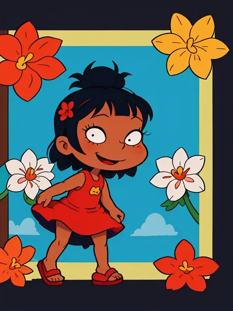 <lora:Rugrats+AGU-22:0.51>
1girl, solo, hawaian girl, dark skin, long straight black hair, big round nose, blushing, round face, smile, red dress with white flowers, Hawa, tropical island, Lilo & Stitch,