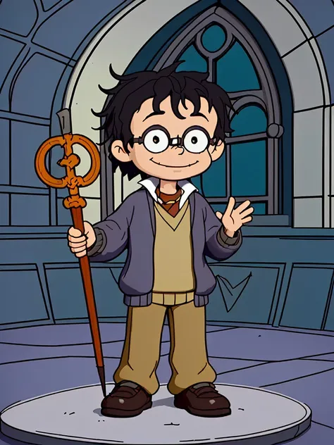 <lora:Rugrats+AGU-22:0.51>
young boy Harry Potter, black hair, smiling,
white shirt under a grey pullover, brown tie, Hogwarts Harry Potter costume, grey pants, black shoes,
in Harry Potter castle,
magic, magic wand, magic spell,