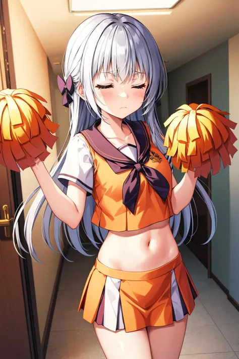 masterpiece, best quality, <lora:kamishiroalice-nvwls-v1-000009:0.8> kamishiro alice, hair ornament, orange crop top, orange skirt, pom pom \(cheerleading\), hallway, blush, closed eyes, frown