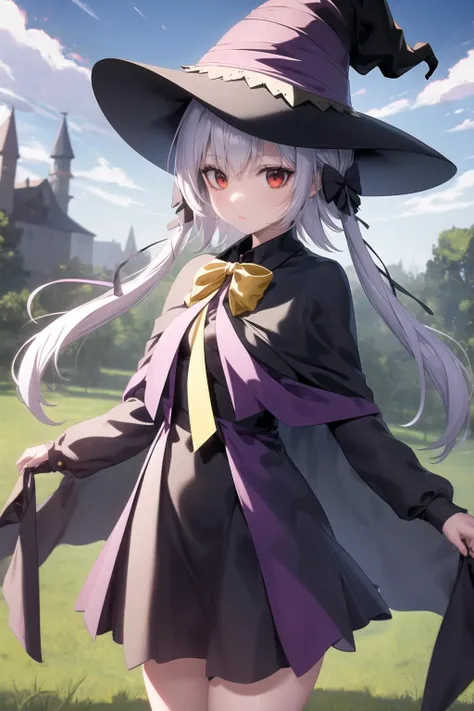 masterpiece,  1girl,  kamishiro alice, witch hat, hair ornament, black dress, black skirt, long dress, black cape, yellow bow  <lora:kamishiroalice-nvwls-v1:1>, outdoors, lawn cowboy shot