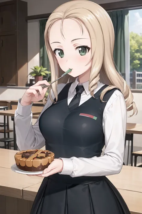 masterpiece,best quality, 1girl,solo, girls und panzer, marie, green eyes,drill hair, medium breasts, bc freedom school uniform, white shirt,diagonal-striped necktie, black vest, black dress, indoors, cafe, eating sweets, female, solo focus, <lora:Marie:0.6>