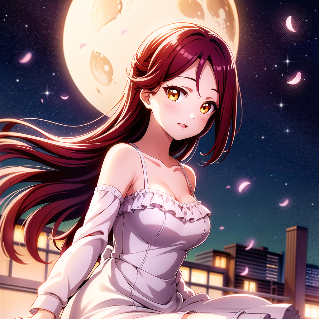Anime girl sitting on a ledge with a full moon in the background ...
