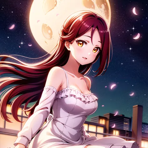 best quality, ultra high res, (photorealistic:1.4), 1girl, solo focus, ((red mini see through dress)), elbow dress, black thighhighs, frills, ribbons, studio background, (platinum red hair:1),floating hair, ((puffy eyes)), looking at viewer, facing front, cute, moon light city , clear facial skin,