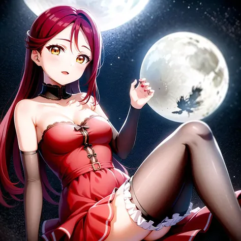 best quality, ultra high res, (photorealistic:1.4), 1girl, solo focus, ((red mini see through dress)), elbow dress, black thighhighs, frills, ribbons, studio background, (platinum red hair:1),floating hair, ((puffy eyes)), looking at viewer, facing front, cute, moon light city , clear facial skin,
