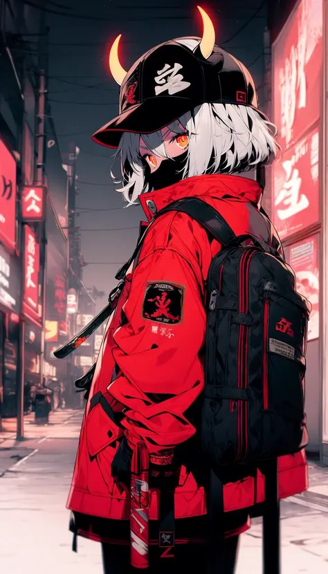 weapon, horns, sword, solo, katana, jacket, 1girl, gloves, red jacket, bag, short hair, sheathed, sheath, hat, looking at viewer, black gloves, from behind, outdoors, baseball cap, backpack, standing, long sleeves, orange eyes, red eyes, looking back, red headwear, holding, coat, flat color, glowing, sign, cow horns, black legwear, horns through headwear, grey hair, scabbard