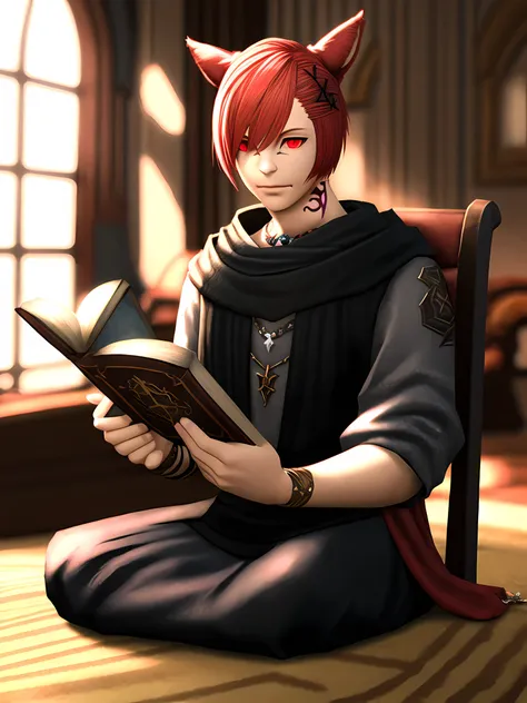 <lora:Copy of last:.7>,Graha, (masterpiece), 1boy, male focus, solo ,miqo'te, animal ears, cat ears, red eyes, slit pupils, x hair ornament, bangs, red hair, neck tattoo, short hair, facial mark,holding an open book, necklace,black scarf, kneeling on the ground, looking at the camera, indoors, swept bangs, chair, x hair ornament, trending on artstation,