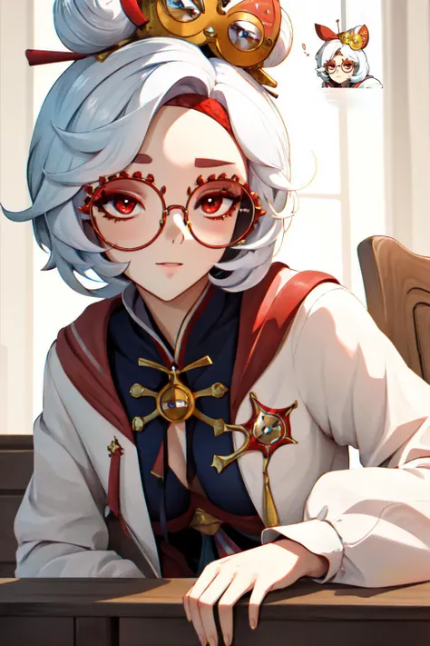 Highly detailed, High Quality, Masterpiece, beautiful, GenshinStickerRedraw, <lora:GenshinStickerRedraw:1>, 1girl, solo, purah, red glasses, hair ornament, white jacket, <lora:Char_Zelda_Purah:0.9>, leaning forward,