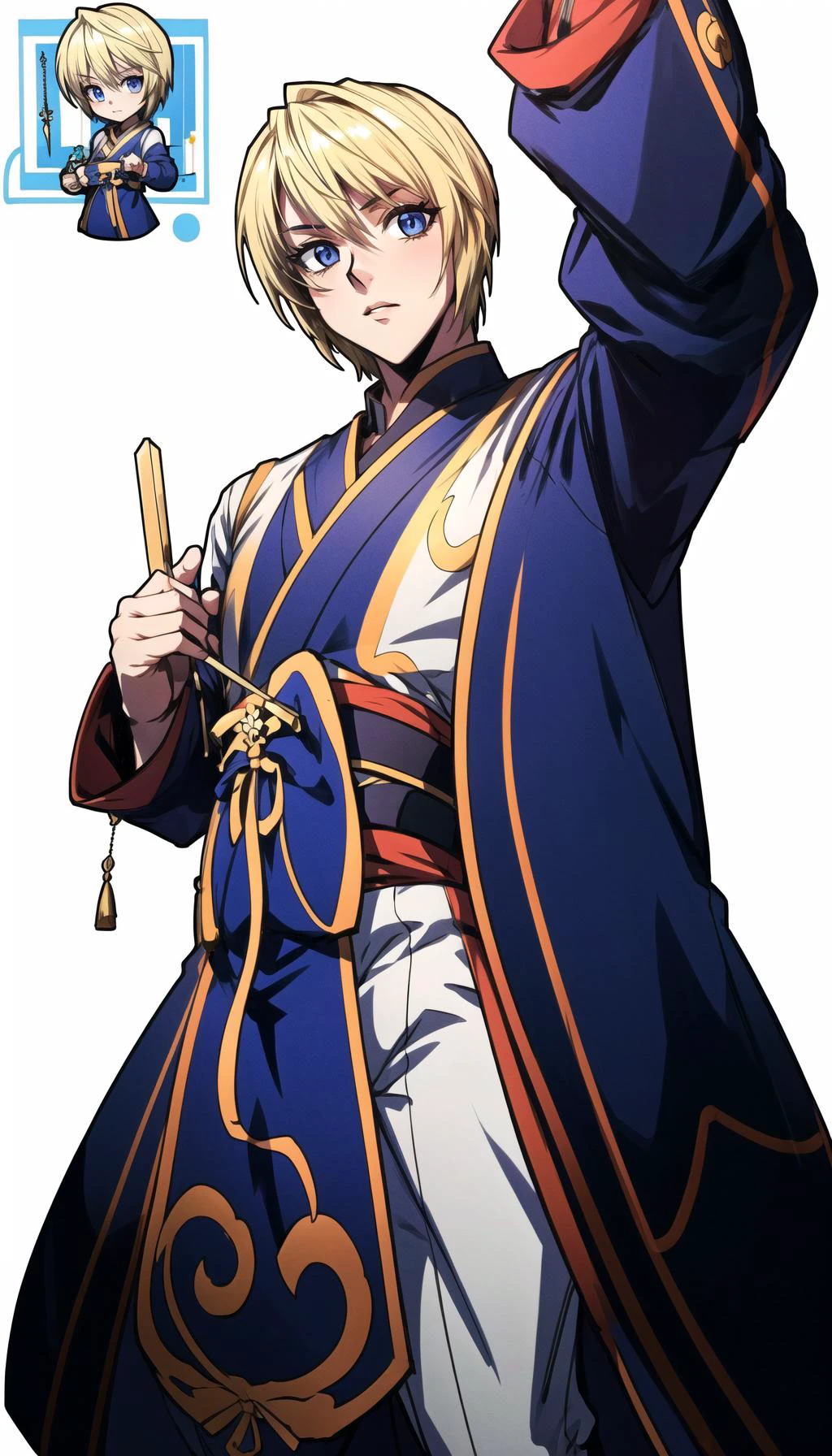 (cowboy shot), sfw, (masterpiece), (best quality:1.0), (ultra highres:1.0), detailed eyes,
BREAK
<lora:Kurapika:0.7> Kurapika, male
<lora:GenshinStickerRedraw:0.6> (GenshinStickerRedraw:1.5)
<lora:more_details:0.5>
BREAK
simple background