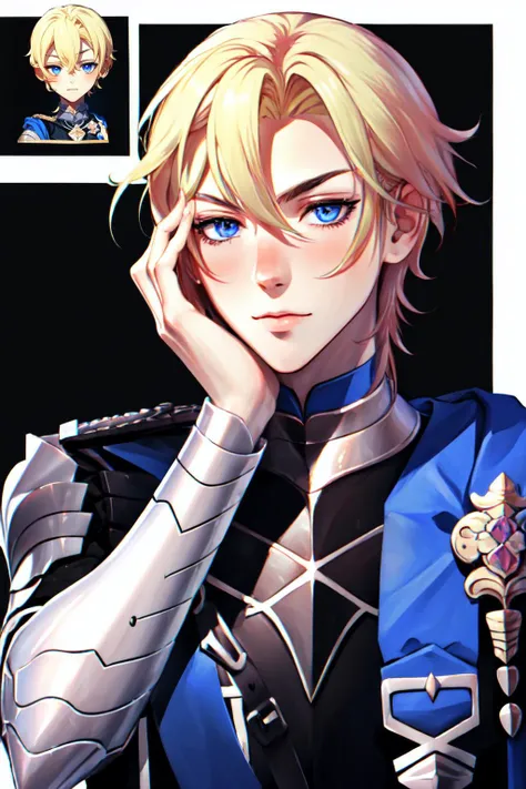 Highly detailed, High Quality, Masterpiece, beautiful, GenshinStickerRedraw, <lora:GenshinStickerRedraw:1>, 1boy, solo, DimitriPre, <lora:Char_FireEmblem_Dimitri:0.9>, hand on own face, hand on own cheek