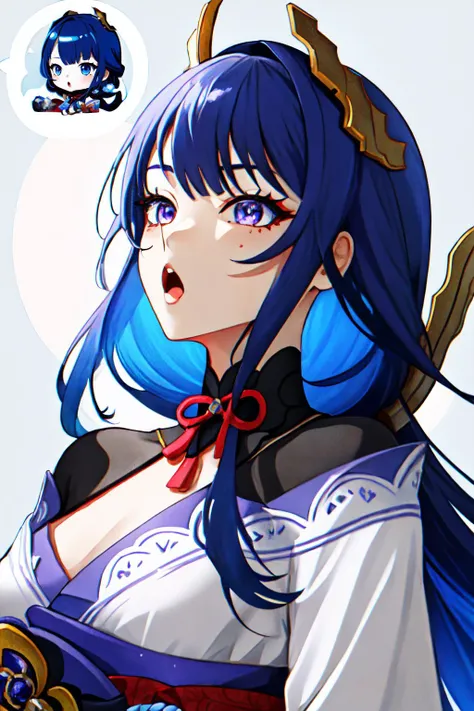 Highly detailed, High Quality, Masterpiece, beautiful, GenshinStickerRedraw, <lora:GenshinStickerRedraw:0.9>, solo, 1girl, Raiden_Shogun_\(genshin impact\), Raiden_Shogun:1.2, blue hair, long hair, <lora:Char_GenshinImpact_RaidenShogun:0.8>, :o