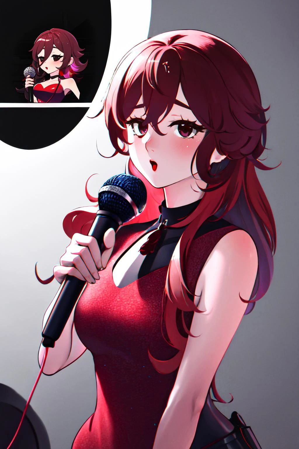 Highly detailed, High Quality, Masterpiece, beautiful, GenshinStickerRedraw, <lora:GenshinStickerRedraw:1>, 1girl, solo, Girlfriend, <lora:Char_FNF_Girlfriend:0.9>, holding, microphone, holding microphone