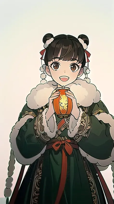 (best quality), ((masterpiece)), (highres), illustration, original, extremely detailed,licg, 1girl, solo, open mouth, brown hair, holding, fur trim, smile, brown eyes, simple background, looking at viewer, bangs, long sleeves, white background, lantern, double bun, holding lantern, ribbon <lora:GFJXQ-000004:0.6>