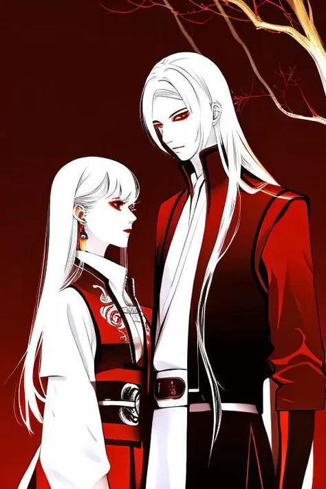 red background, one dry tree, sunlit, lights and shadows, 1girl, 1boy, top body, she is white short hair and gold earrings and red eyes and is wearing dress shirt, he is white long hair and wearing (West vest),