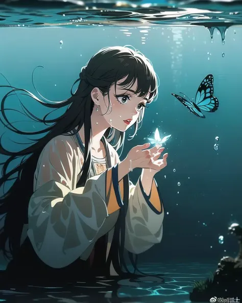 (best quality), ((masterpiece)), (highres), illustration, original, extremely detailed,licg, 1girl, long hair, solo, water, black hair, bug, butterfly, bangs, parted lips, wet clothes, wet, upper body, partially submerged, hands up, long sleeves, artist name, glowing, red lips, eyelashes