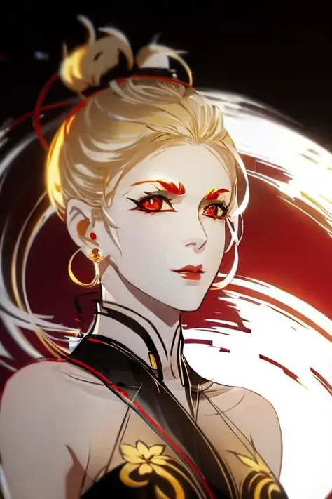 red background, one dry tree, sunlit, lights and shadows, 1girl,  top body, close up, face focus, she is yellow glow short hair and gold earrings and red eyes and is wearing golden see-through glow dress shirt and glow azalea-symbol stigmata, black ribbon headband, red face mark, glow radiance, sunlit, weak lights and shadows