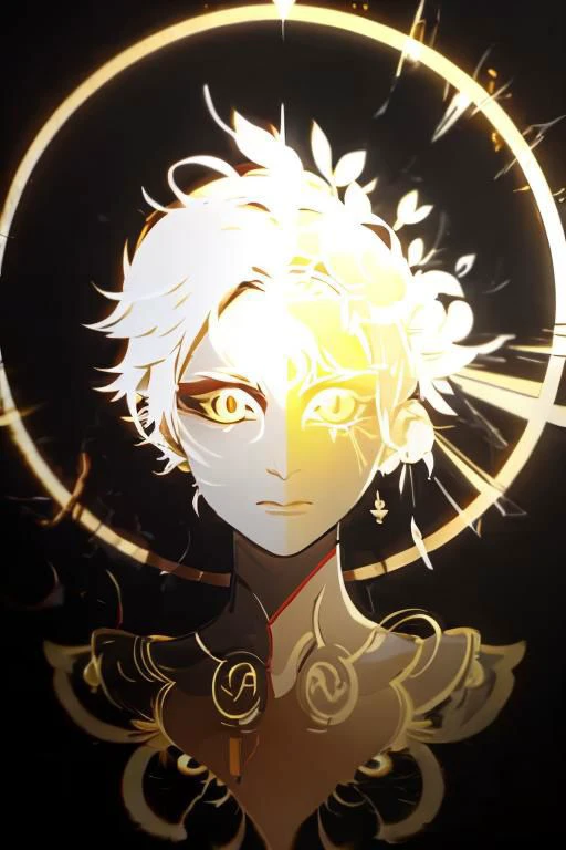 red background, one dry tree, sunlit, lights and shadows, 1girl, top body, close up, face focus, she is yellow glow short hair and gold earrings and red eyes and is wearing golden see-through glow dress shirt and glow azalea-symbol stigmata, black ribbon headband, red face mark, glow radiance, sunlit, weak lights and shadows
