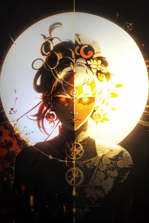 red background, one dry tree, sunlit, lights and shadows, 1girl, top body, close up, face focus, glow golden short hair and gold dreamcatcher earrings and red eyes and is wearing black see-through dress shirt with many pattern and flower-symbol stigmata , red ribbon headband with golden patterns, red face mark, sunlit, weak lights and shadows