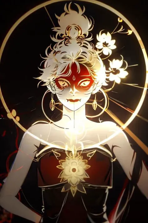 red background, one dry tree, sunlit, lights and shadows, 1girl, top body, close up, face focus, golden glow short hair and gold dreamcatcher earrings and red eyes and is wearing golden see-through glow dress shirt and glow azalea-symbol stigmata, black ribbon headband, red face mark, glow radiance, sunlit, weak lights and shadows