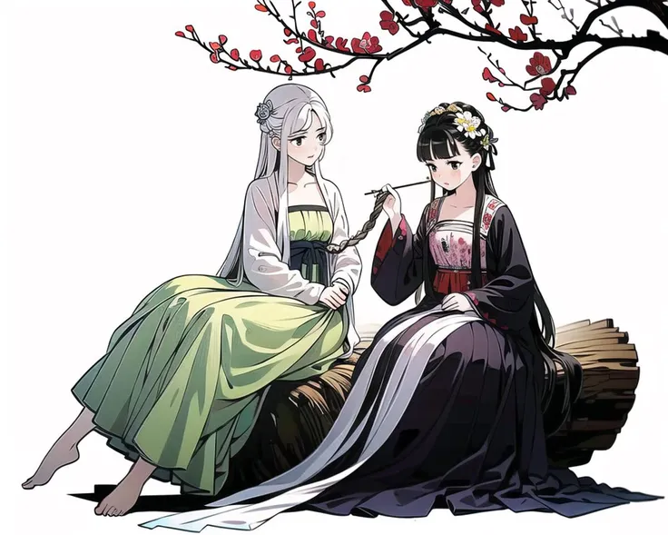 (best quality), ((masterpiece)), (highres), illustration, original, extremely detailed,licg, 2girls, long hair, multiple girls, flower, tree, barefoot, hair ornament, sitting, black hair, braid, hair flower, braiding hair, chinese clothes, dress, branch, white background, hanfu, long sleeves, white hair, holding, bangs
