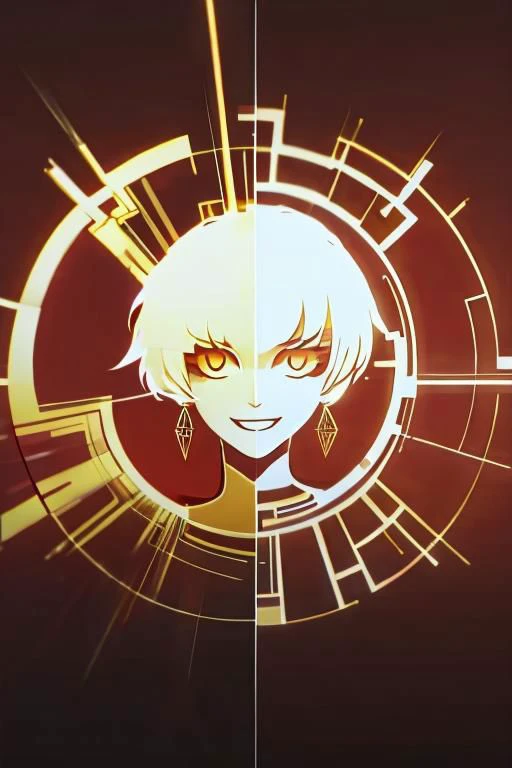 red background, one dry tree, sunlit, weak lights and shadows, 1girl, top body, close up, she is yellow glow short hair and earrings and golden eyes and is wearing red see-through shirt dress with with golden patterns, evil smile, floating hair, red background,