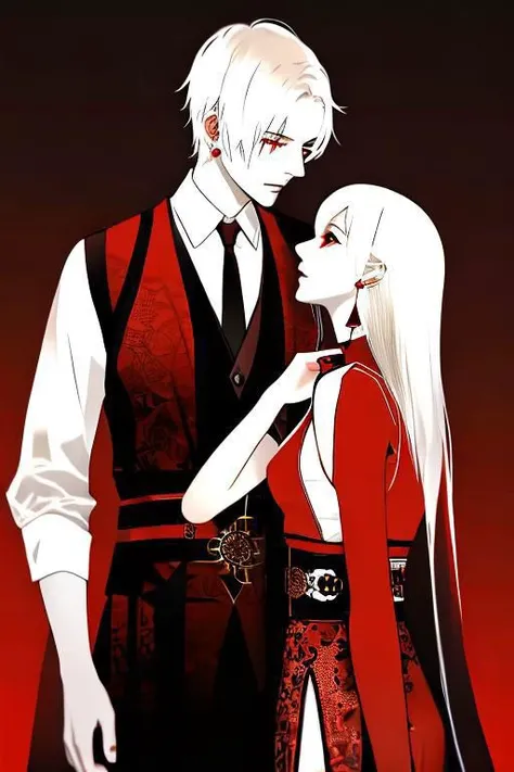 red background, one dry tree, sunlit, lights and shadows, 1girl, 1boy, top body, she is white short hair and gold earrings and red eyes and is wearing black see-through dress shirt, he is white long hair and wearing black West vest with gold patterns, red background