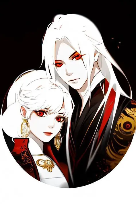 red background, one dry tree, sunlit, lights and shadows, 1girl, 1boy, top body, close up, she is white short hair and gold earrings and red eyes and is wearing black see-through dress shirt, he is white long hair and wearing black West vest with gold patterns, red background