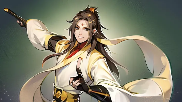 <lora:GFXSQ_V1.0-000006:0.7>(best quality), ((masterpiece)), (highres), illustration, original, extremely detailed,qtcg, 1boy, male focus, long hair, gloves, solo, forehead mark, wide sleeves, looking at viewer, chinese clothes, fingerless gloves, brown eyes, black gloves, smile, facial mark, black hair, brown hair, weapon, long sleeves
