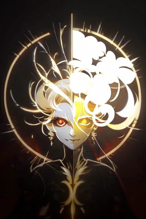 red background, one dry tree, sunlit, lights and shadows, 1girl, top body, close up, face focus, she is yellow glow short hair and gold earrings and red eyes and is wearing golden see-through glow dress shirt and glow azalea-symbol stigmata, black ribbon headband, red face mark, glow radiance, sunlit, weak lights and shadows