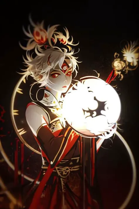 red background, one dry tree, sunlit, lights and shadows, 1girl, top body, close up, face focus, yellow glow short hair and gold dreamcatcher earrings and red eyes and is wearing golden see-through glow dress shirt and glow azalea-symbol stigmata, black ribbon headband, red face mark, glow radiance, sunlit, weak lights and shadows