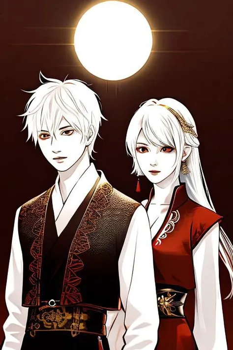 red background, one dry tree, sunlit, lights and shadows, 1girl, 1boy, top body, she is white short hair and gold earrings and red eyes and is wearing black see-through dress shirt, he is white long hair and wearing black West vest with gold patterns