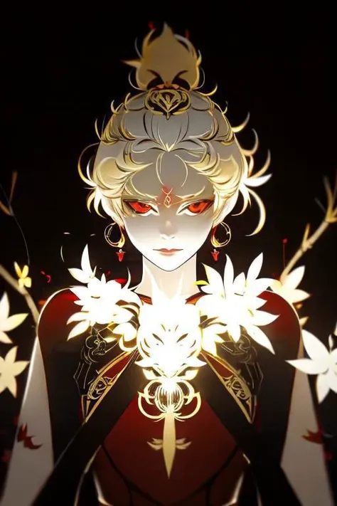 red background, one dry tree, sunlit, lights and shadows, 1girl,  top body, close up, face focus, she is yellow glow short hair and gold earrings and red eyes and is wearing golden see-through glow dress shirt and glow azalea-symbol stigmata, black ribbon headband, red face mark, glow radiance, sunlit, weak lights and shadows